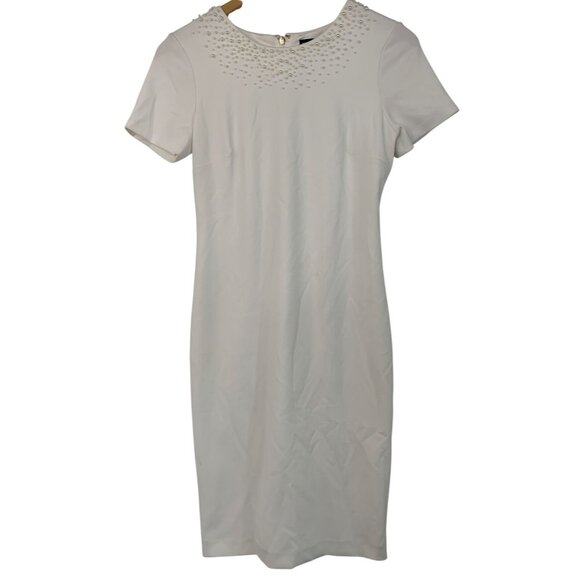 Size 0 Karl Lagerfeld Paris White Pearl Short Sleeve Sheath Dress NWOT Stretch - Picture 1 of 8